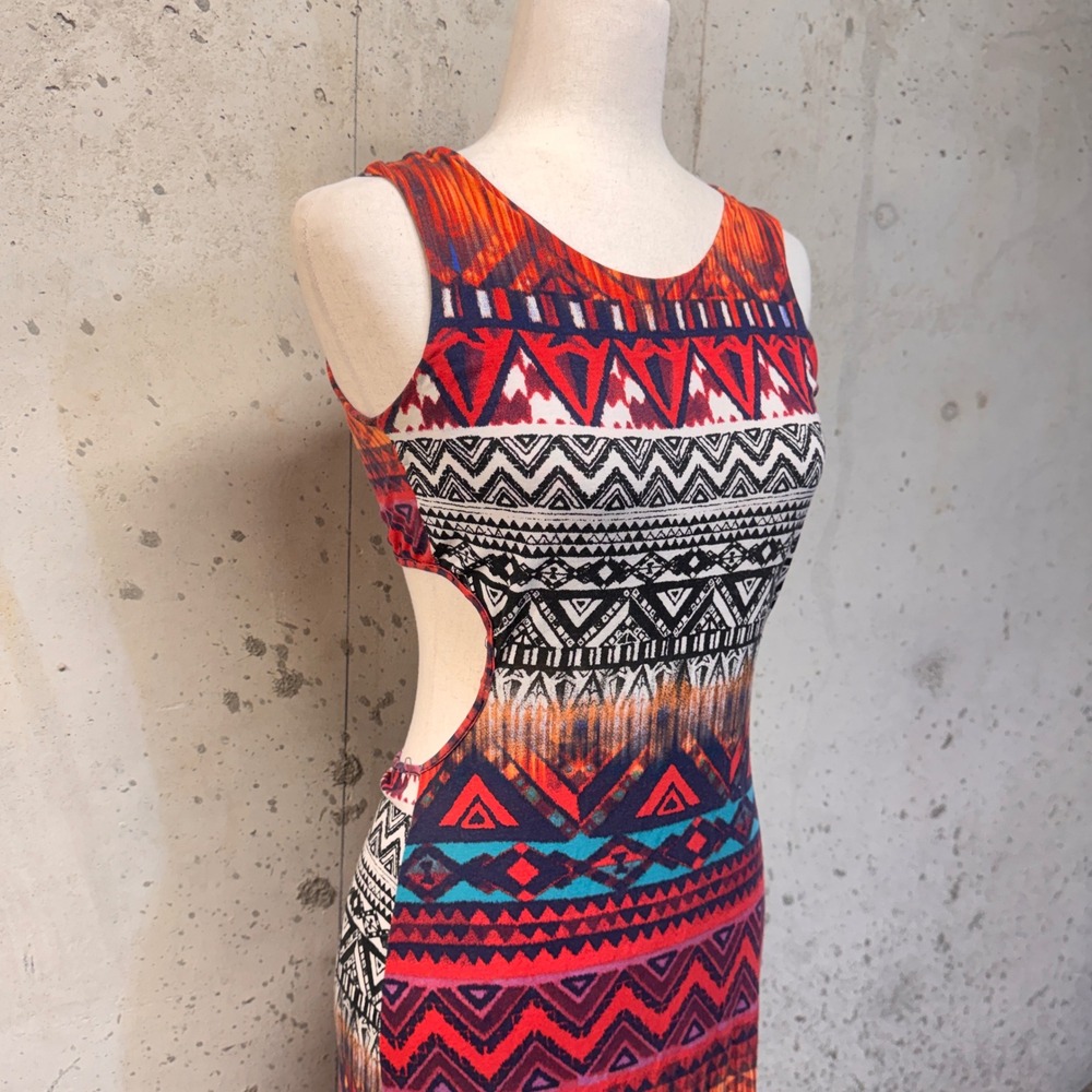 Maria Chiquinha Maxi Dress Womens Small Orange Tribal Geometric Cutout Boho Art - Picture 2 of 7